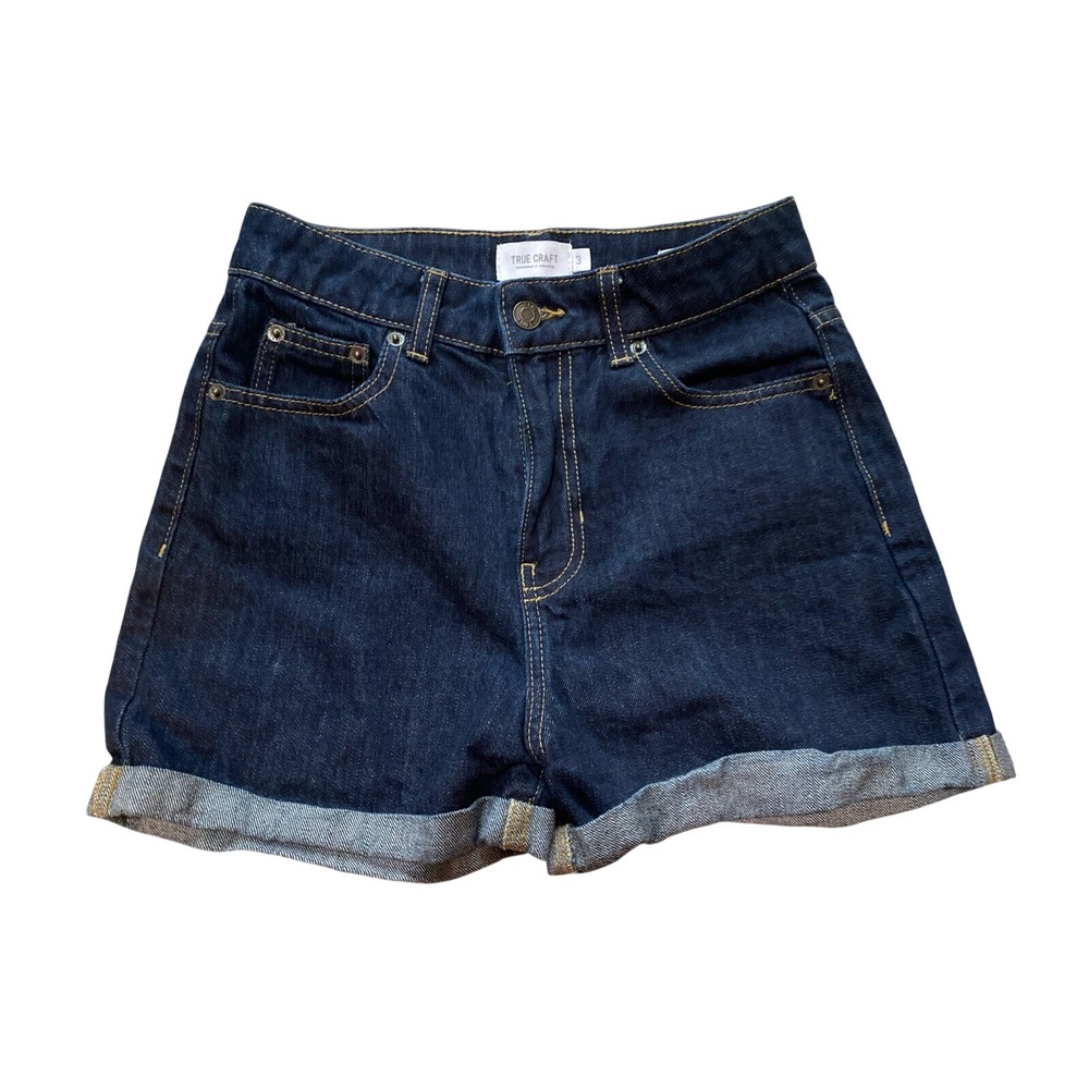 True Craft Womens Dark Wash High Rise Cuffed Denim Mom Shorts Size‎ 3 Blue